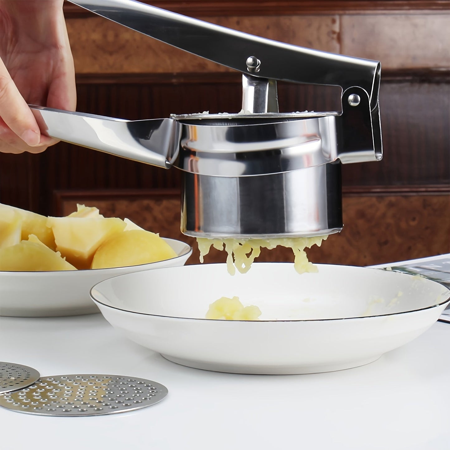 Stainless Steel 3-in-1 Potato Puree Press and Lemon Juicer with Non-Slip Handle - Multi-Function Kitchen Tool for Mashing Potatoes, Juicing Lemons, and Crushing Vegetables