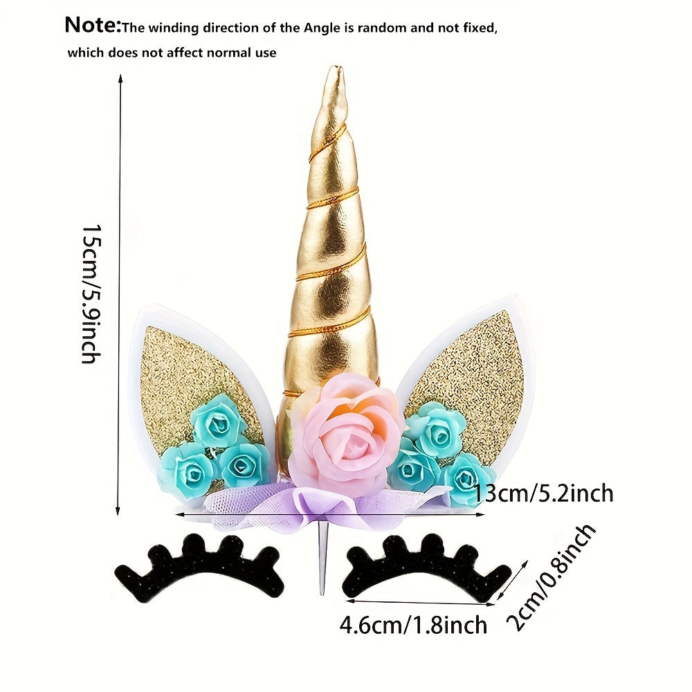 Unicorn cake topper set includes 3 pieces with eyelashes and golden horn, perfect for decorating birthday cakes.