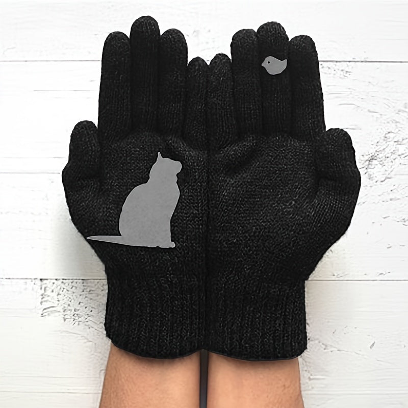 Stylish Cat Print Knit Gloves made for the cold weather, featuring a unique split finger design for added warmth and protection against the cold wind during Autumn and Winter.