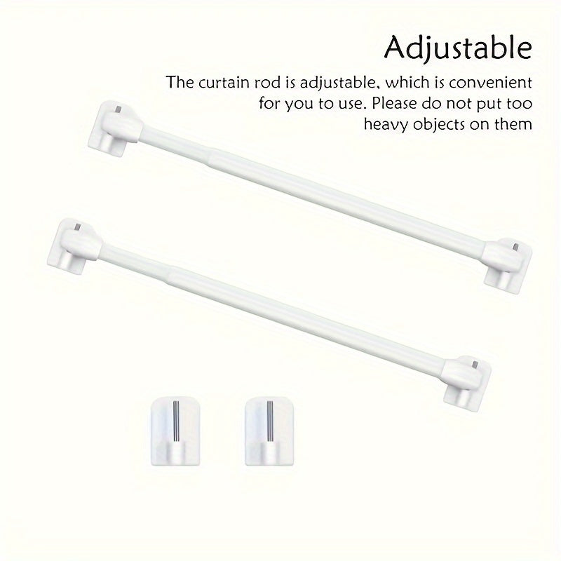 Two small curtain rods with retractable and adjustable features, includes four 7-shaped screws and five adhesive plastic supports.