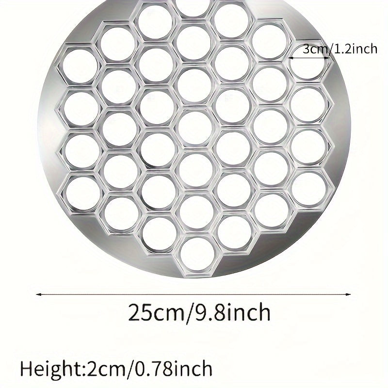 Convenient aluminum dumpling maker with 37 holes for making meat dumplings and other pastries at home. A must-have kitchen tool.