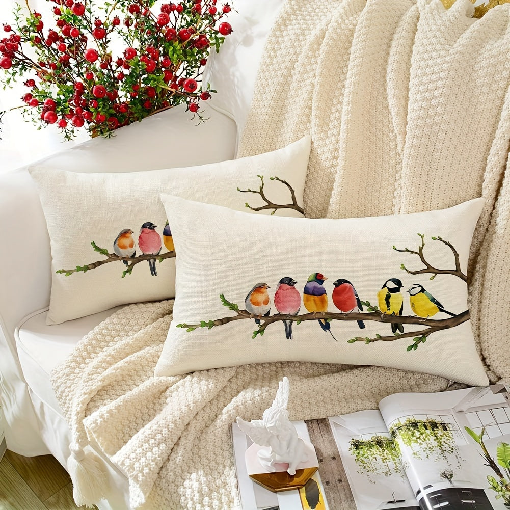 Charming bird and floral design throw pillow cover in farmhouse style. Zippered polyester case for sofa and bedroom decor, machine washable. Available in 12x20 inches or 45.72x45.72 cm (insert not included).