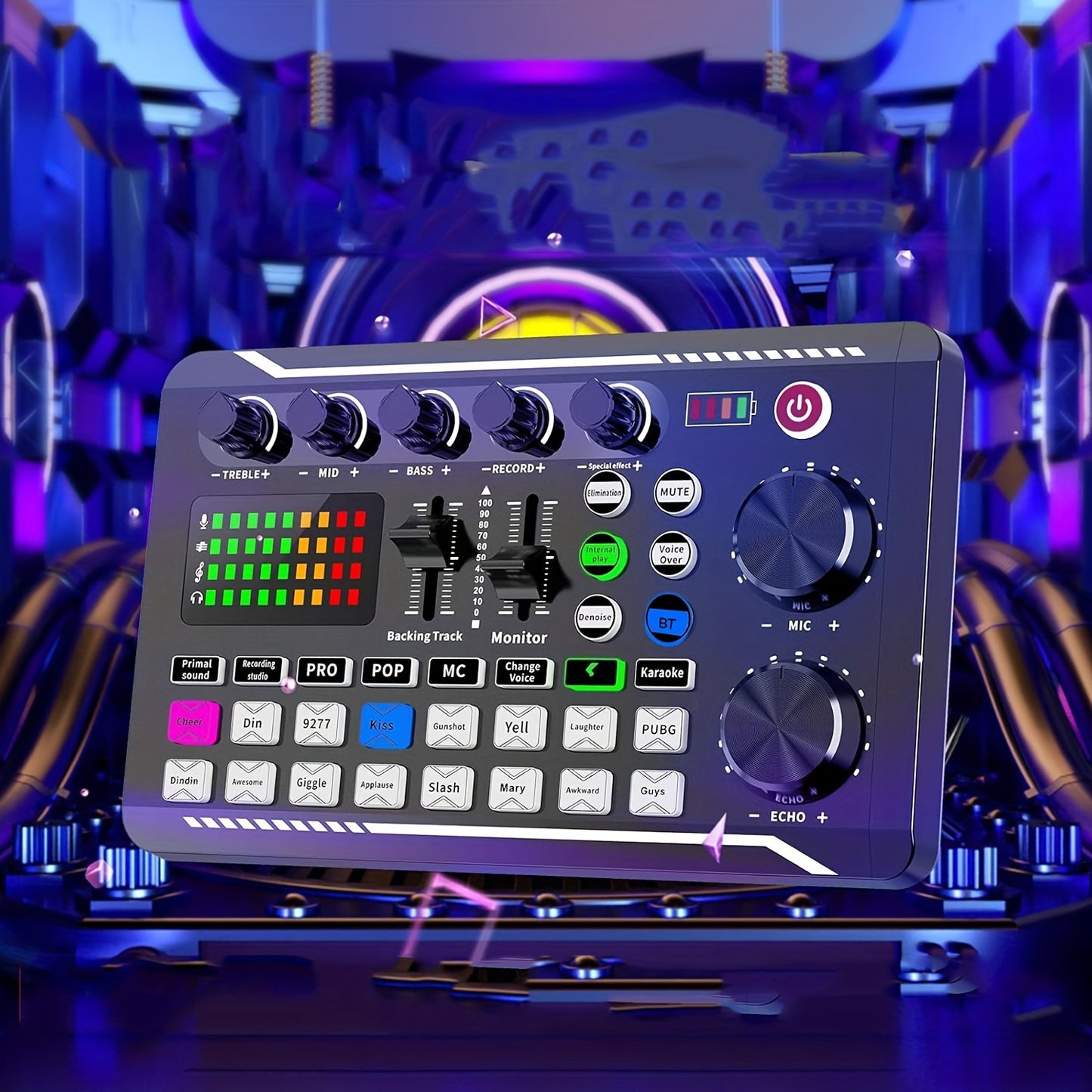 Live sound card mixer with USB charging, volume control, and battery indicator for various uses, including karaoke and video conferencing, Eid Al-Adha Mubarak!