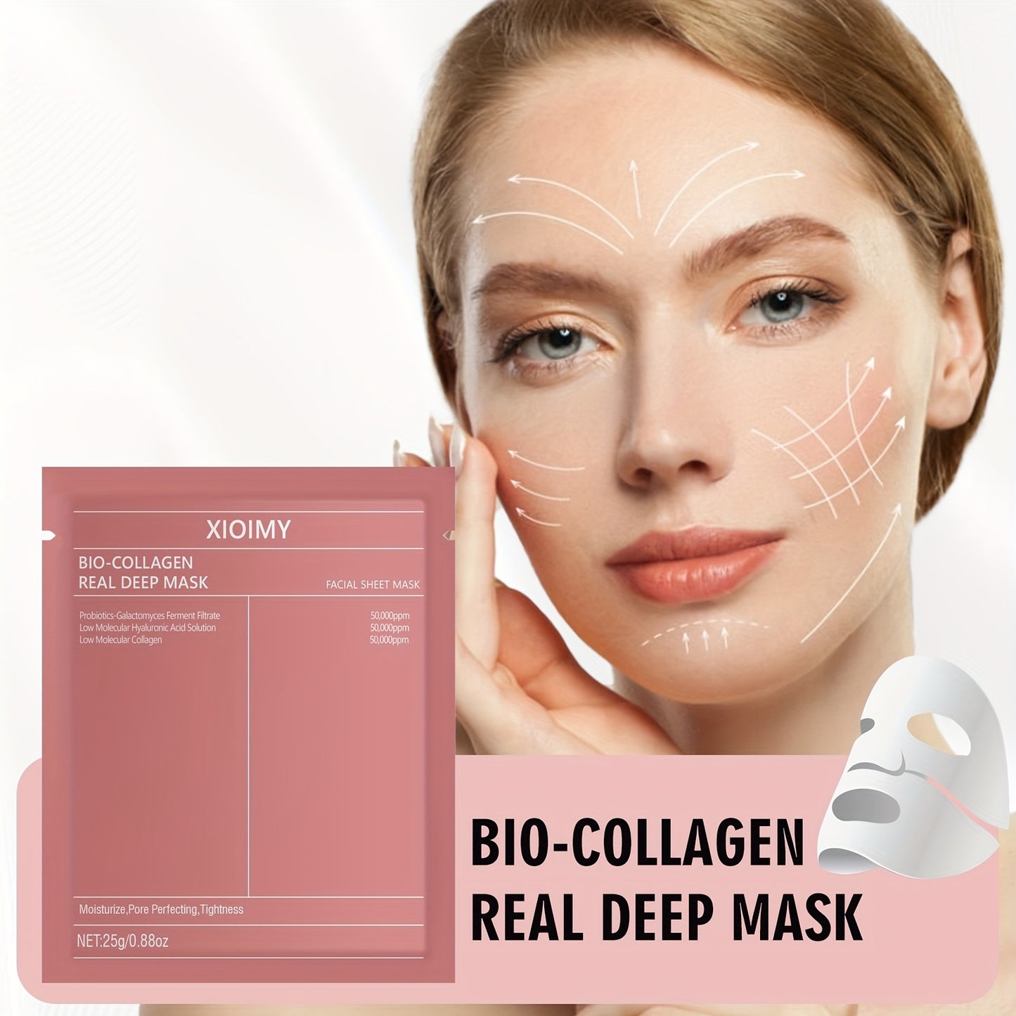 The 3pcs Biological Collagen facial mask deeply moisturizes skin, leaving it more hydrated, delicate, and bright. Rich in collagen and hyaluronic acid, it helps to banish dry, dull, and