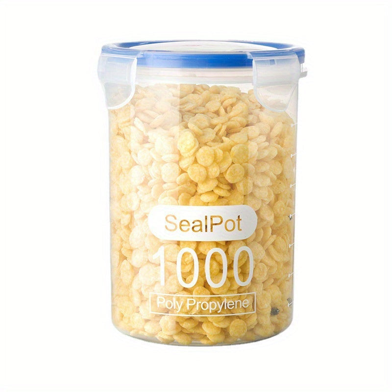 Set of 4 food storage containers featuring easy lock lids, clear airtight jars to keep food fresh, moisture-proof sealed boxes suitable for storing cereal, rice, pasta, flour, and sugar. Perfect for organizing your kitchen supplies.