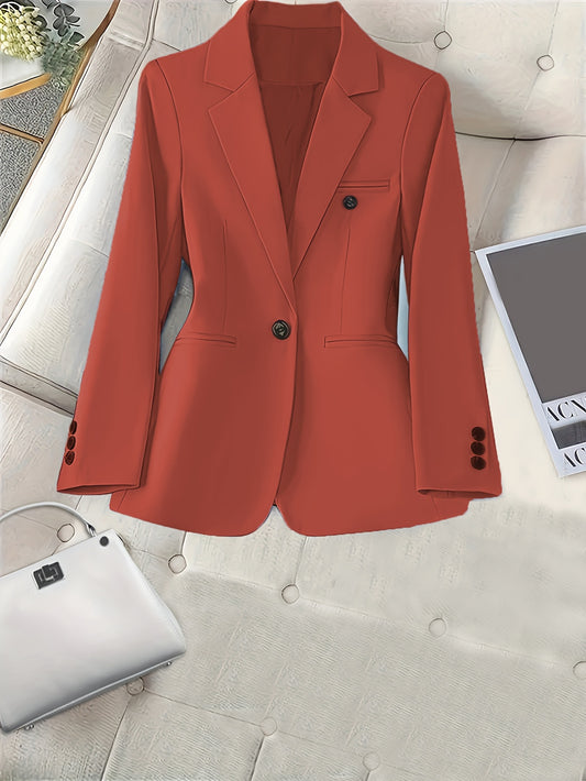 Chic long sleeve blazer for women in solid color, with button detail. Made from non-stretch polyester and is machine washable. Ideal for fall/winter.