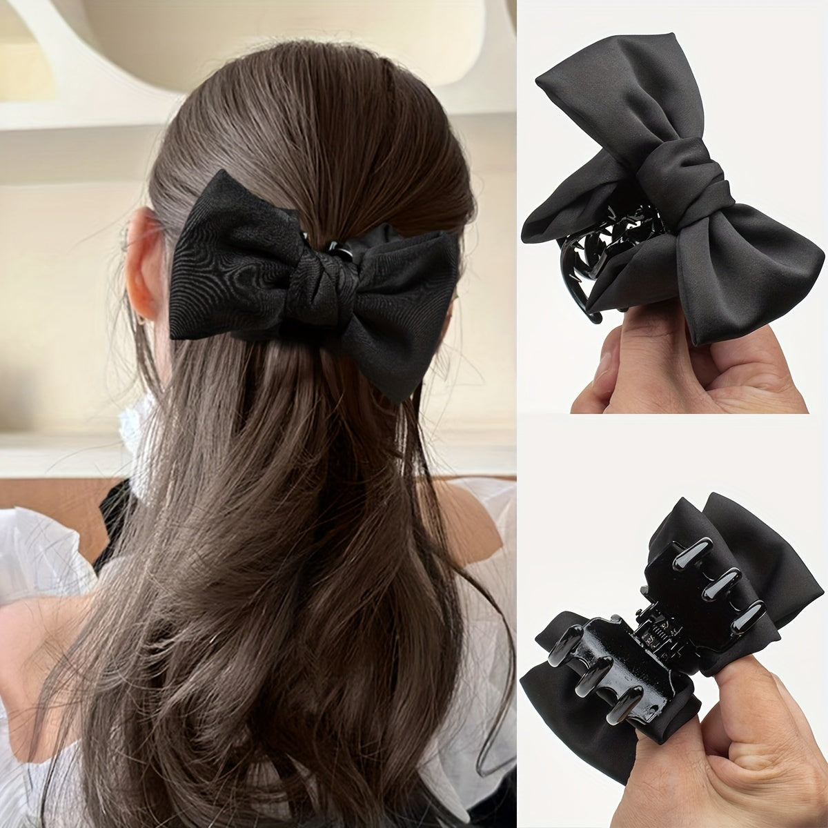 Elegant bowknot hair clip in khaki and black for women's daily wear, non-slip and perfect for ponytails.