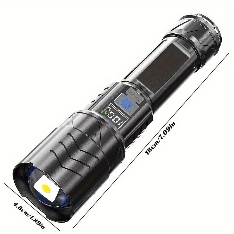 Tactical flashlight with digital display, rechargeable battery, USB charging, 350-500 lumen, 200-500m range, metal finish, ABS material, outdoor spotlight.