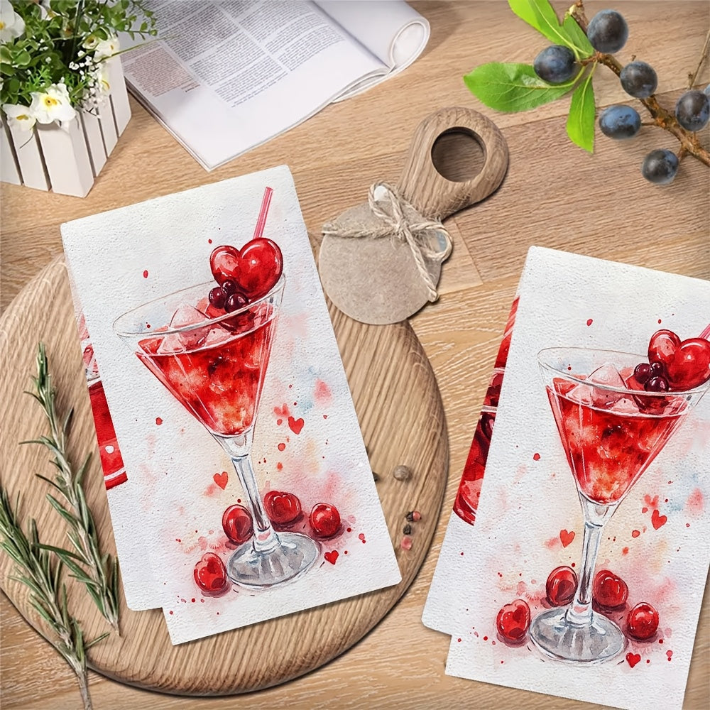 Set of 2 Ultra Soft Kitchen Towels with Valentine's Day Cherry Cocktail Design. These highly absorbent and machine washable dish hand towels measure 40.64x60.96 cm. Perfect for holiday decor, these dish towels are both functional and stylish.