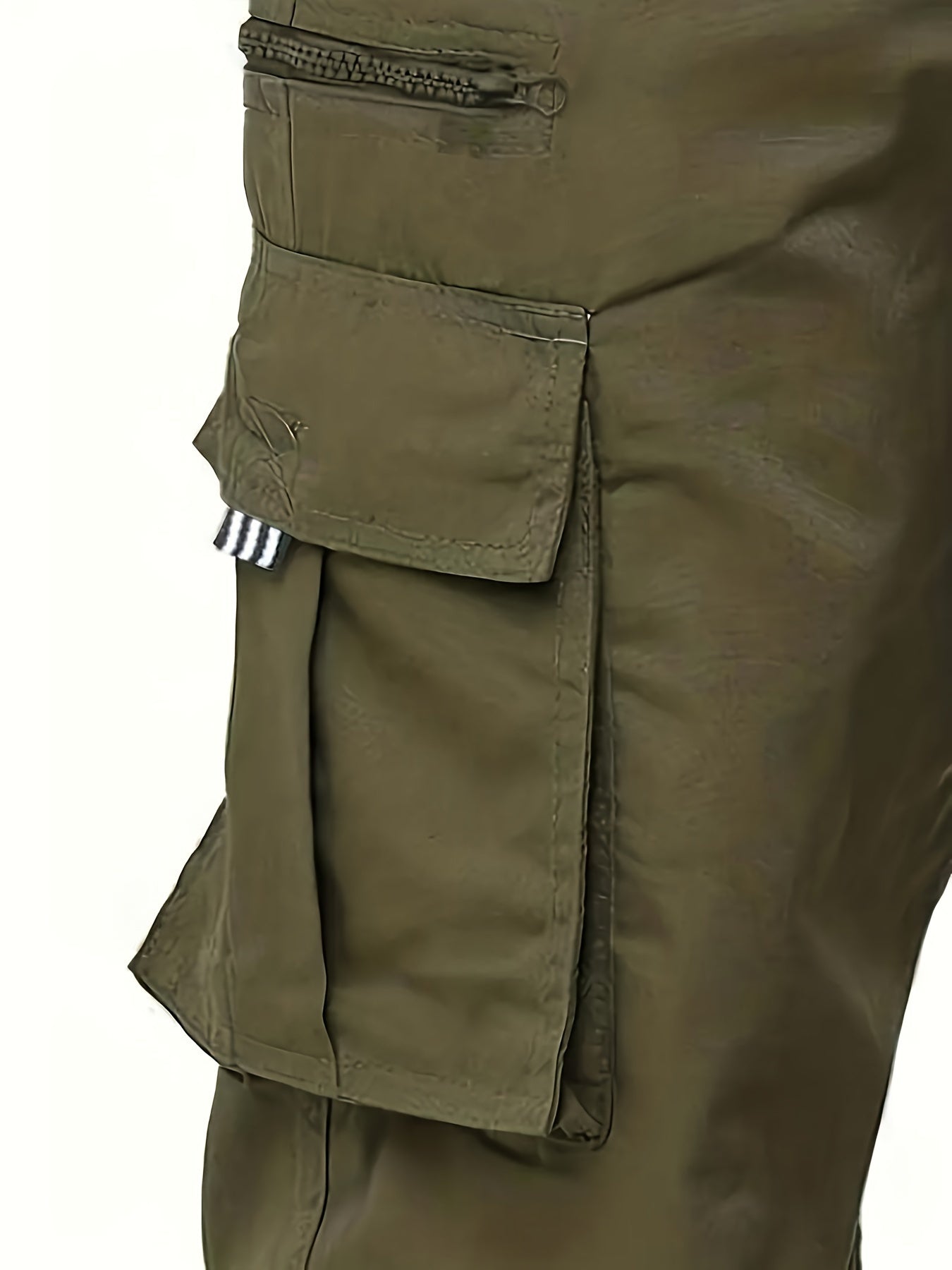 Men's black cargo pants with multiple pockets, made of durable polyester for outdoor casual wear. Features an elastic waistband and ankle straps, machine washable and suitable for all