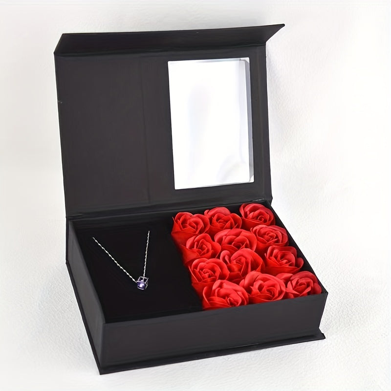 Valentine's Day gift box includes 12 items such as soap flowers, lipstick gift box, necklace jewelry box, and party favors.