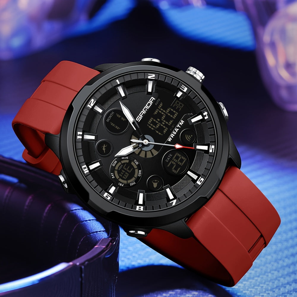 The SANDA Men's Sports Watch is a multifunctional chronograph quartz timepiece that is water-resistant up to 5ATM. Featuring a date display, round zinc alloy case, and silica gel strap, this watch is powered by an electronic drive and a non-rechargeable