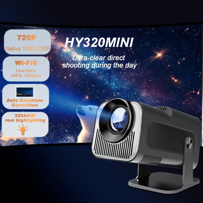 Compact Android 11 home projector with 720P resolution, Dual Band WiFi6, Wireless 5.0, 320ANSI brightness, Auto Keystone &180° rotation for portable cinema experience.