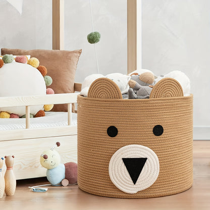 Durable Large Bear-Face Woven Toy Basket in Neutral Brown - Perfect for Clothes & Toy Storage in Nursery and Living Room