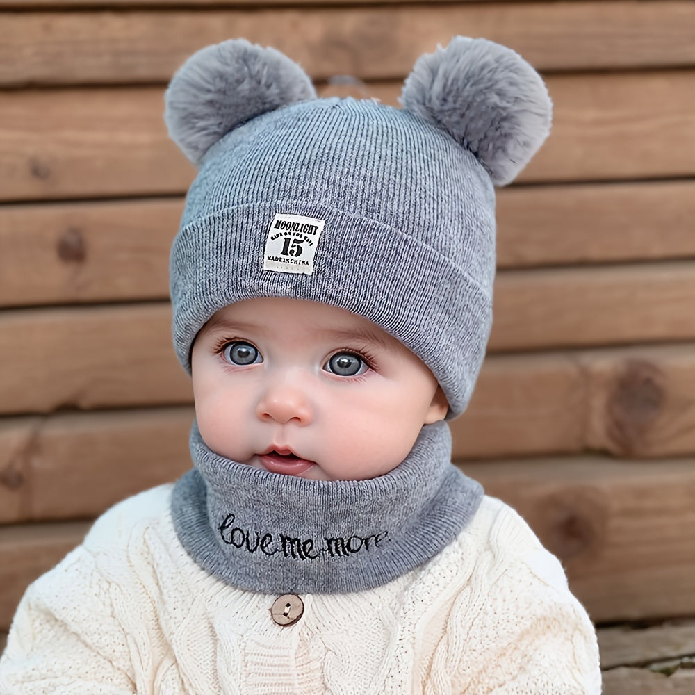 2-piece set of cozy knitted beanie with pom pom and snood featuring alphabet design, ideal for fall/winter, birthdays, and casual attire.