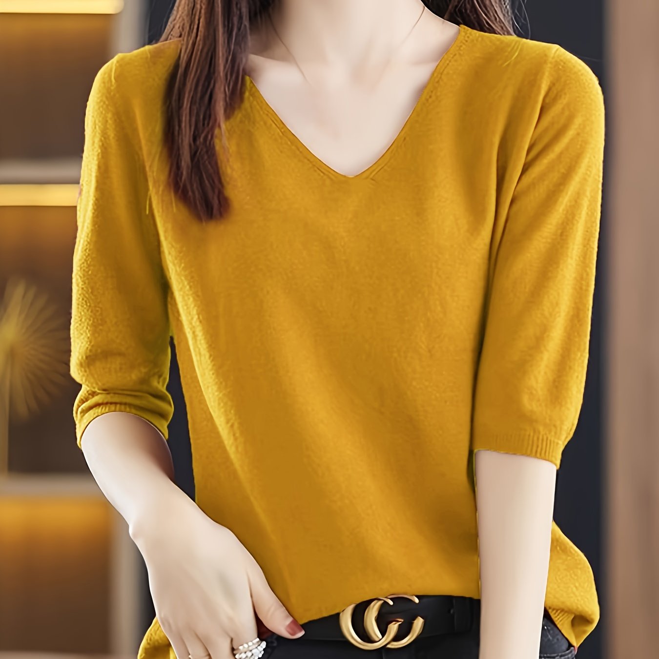 V-neck sweater in solid color, versatile half sleeve knit top for spring/fall, women's clothing.