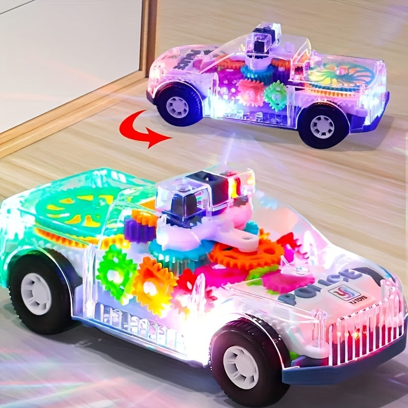 Electric car toy with lights and music, featuring transparent gear and police car design.