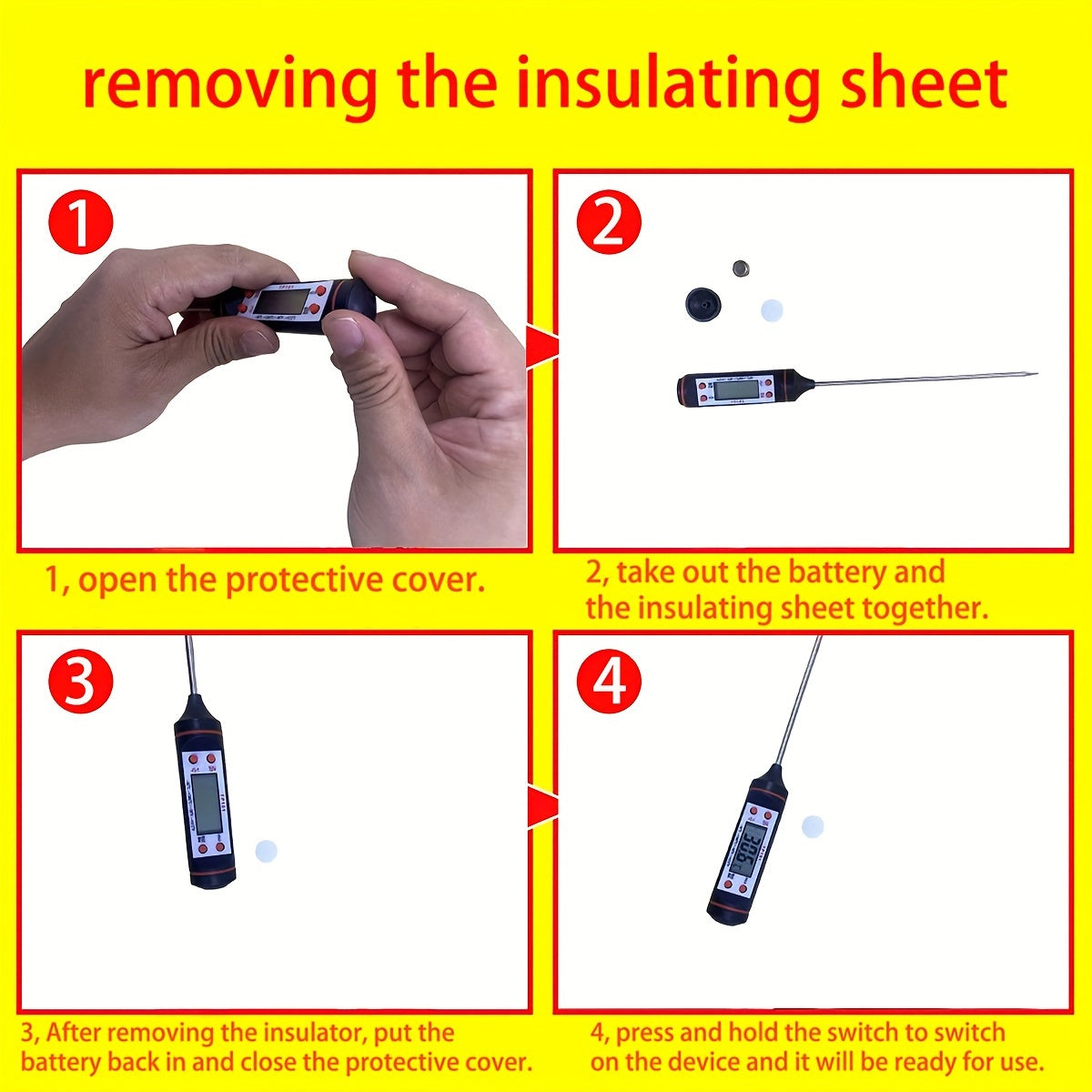 Digital meat thermometer TP-101 with LR44 battery for food cooking, BBQ probe measuring liquid temperatures with 0.1 accuracy, powered by battery, plastic material, non-rechargeable