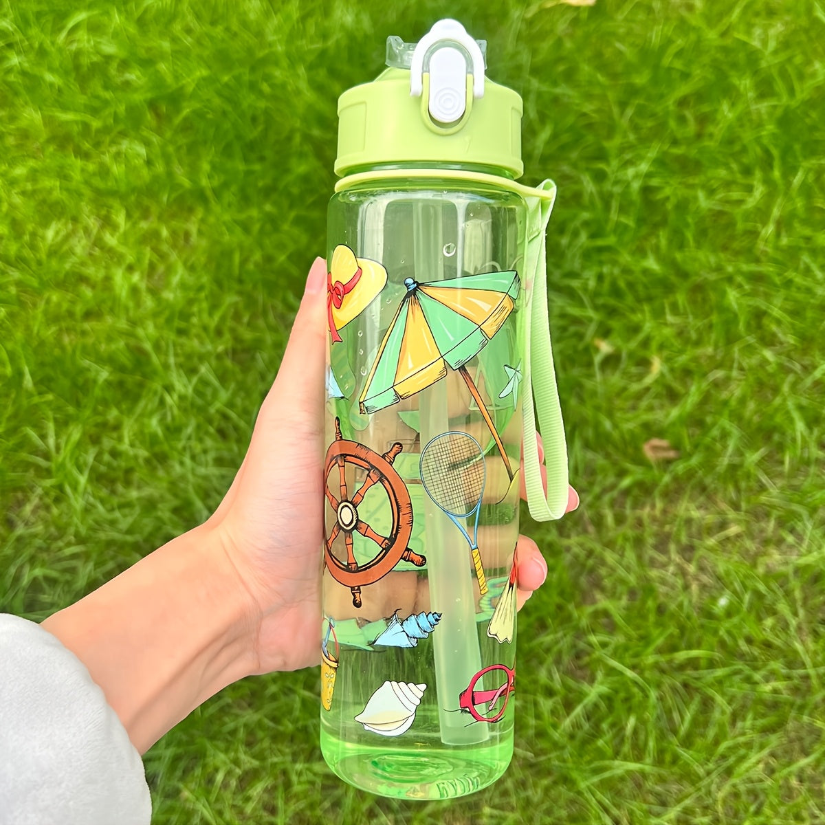 1 Cute Cartoon Print Water Bottle with Leak-Proof Flip Top, Hand Wash Only. Ideal for Outdoor Activities.