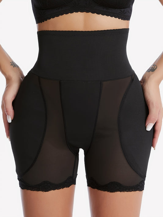 Mid-waist shaper panties with fake hip pads and mesh breathable tummy control for slimming waist and enhancing buttocks.