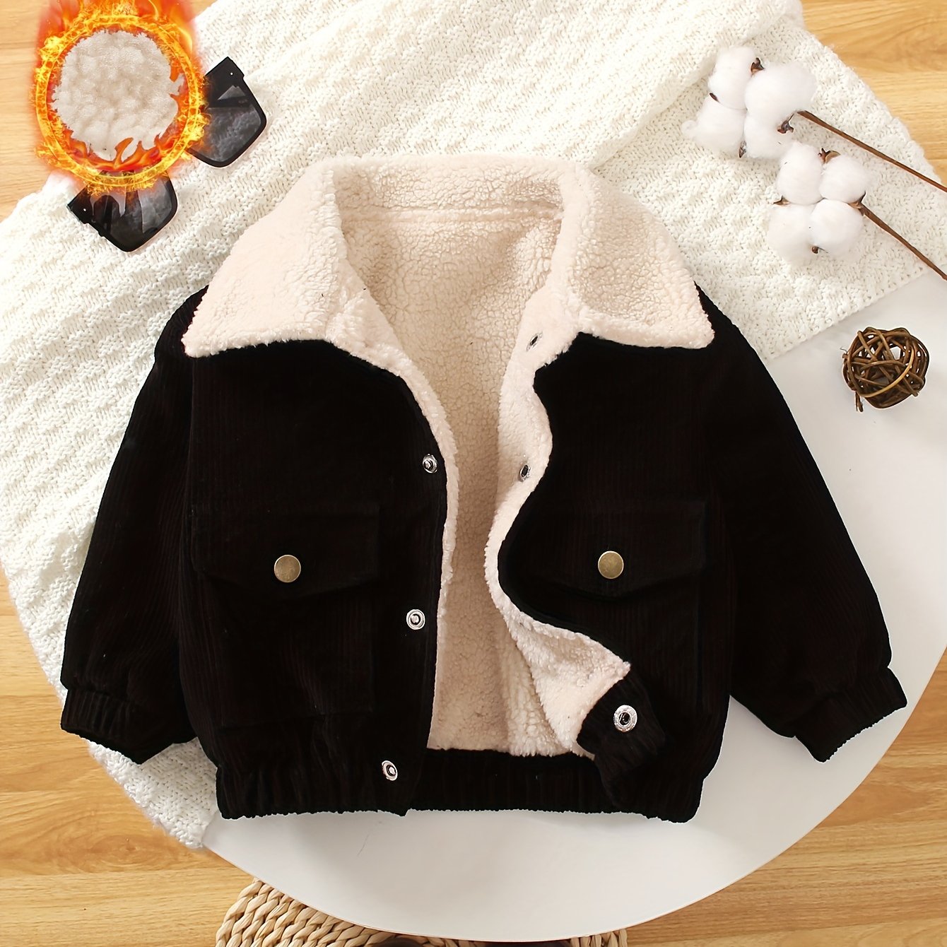 Baby boy's corduroy jacket with warm fuzzy lining, button front, and turndown collar. Perfect for fall and winter outdoor activities.