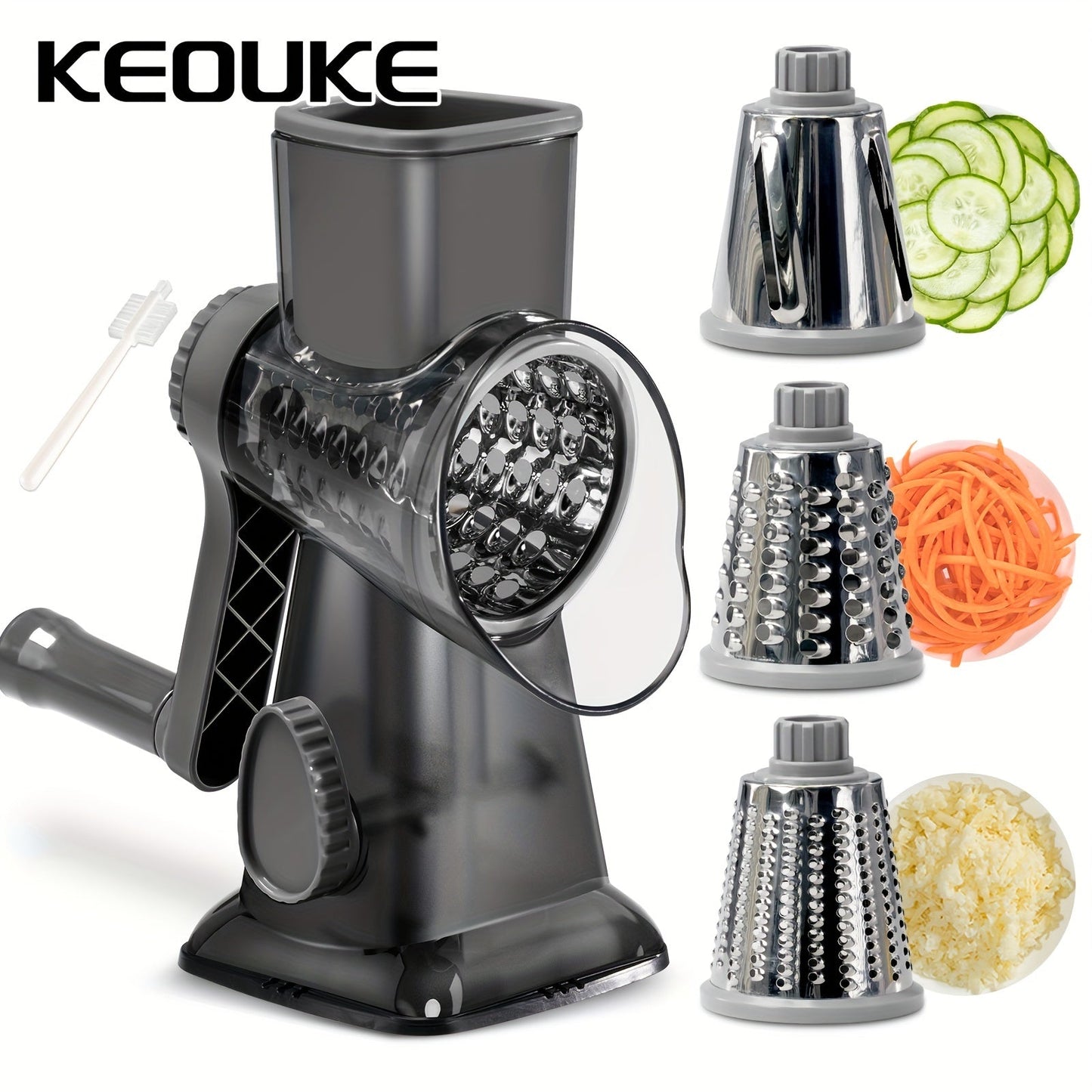 "KEOUKE Versatile Cheese Grater & Vegetable Slicer - Handheld with Stainless Steel Blades, Ideal for Potatoes & More - Sleek Transparent Design