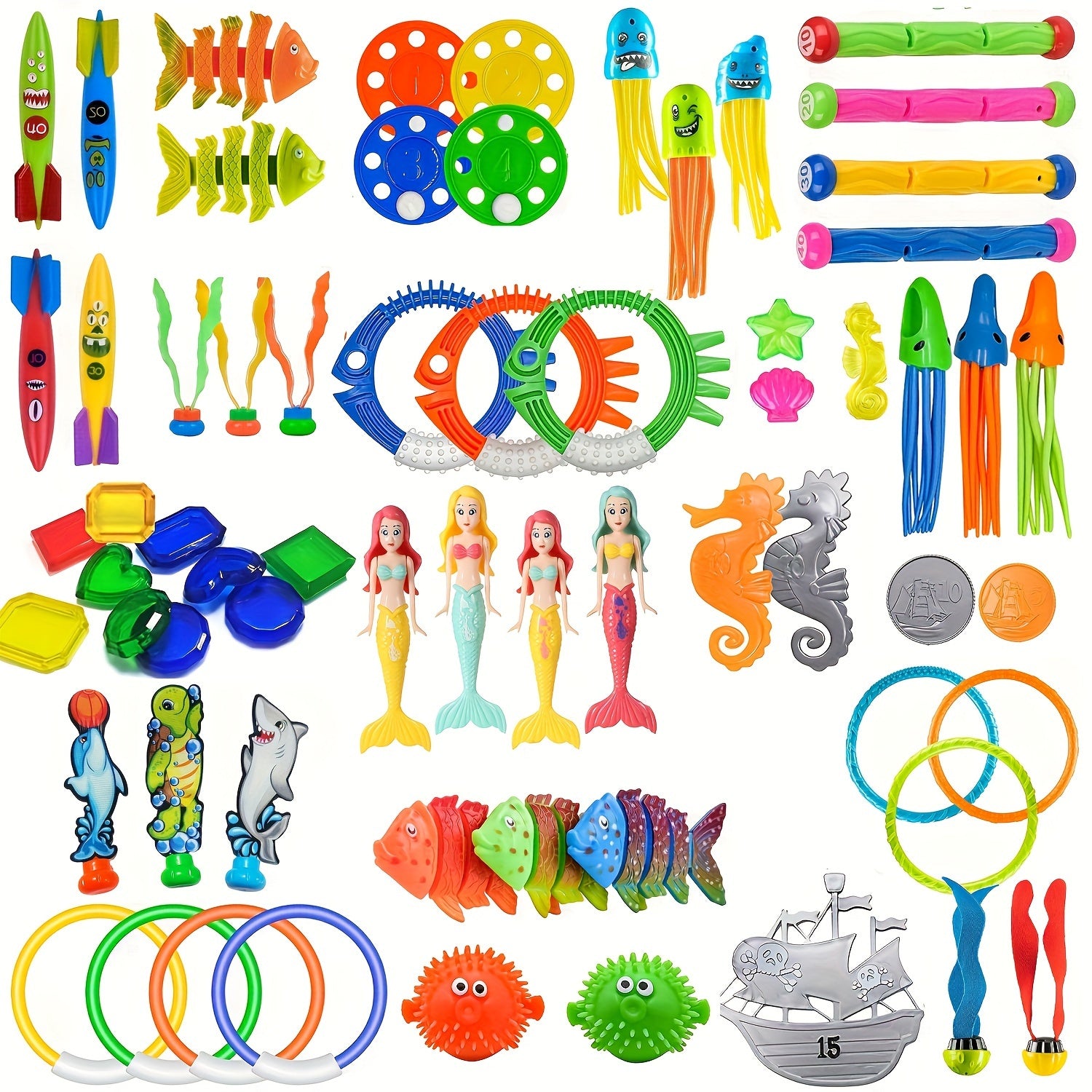 Children's diving pool toy set with underwater swim games includes PVC beach dive sticks, rings, and treasure toys. Perfect for toddlers and children at parties.