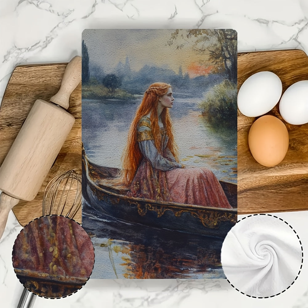 Two pieces of ultra-soft kitchen towels featuring "The Lady of Shalott" by John William Water Scene. These highly absorbent and machine washable dish hand towels measure 40.64x60.96 cm. They are made of contemporary polyester decor, perfect for use in