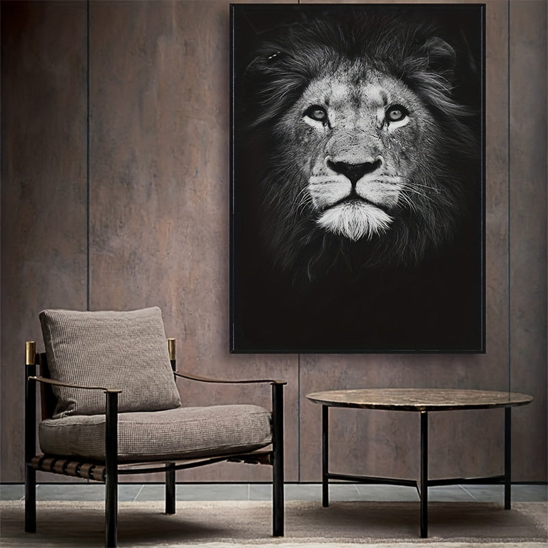 Black and white lion wall art print for home or office decor, featuring realistic animal portrait with textured fur detail.