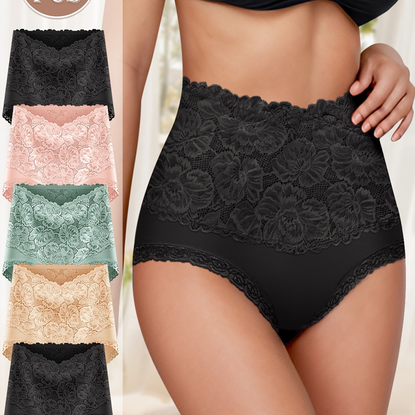 Elegant 5-pack plus size high-waisted lace trim briefs with medium stretch, ideal for daily wear.