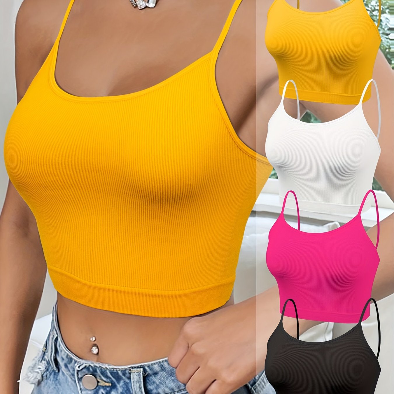 4 seamless camisole tank bras in vibrant and neutral colors made from a stretchy nylon blend are perfect for sports and leisure. They are machine washable and feature a no-pad design for