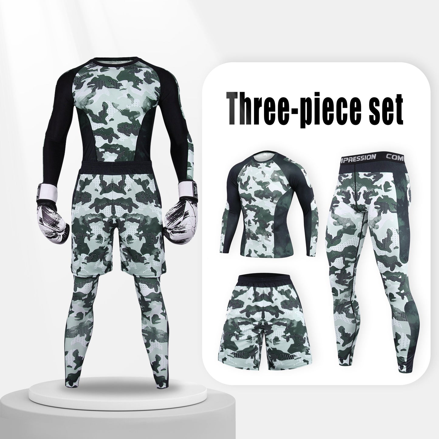 3-piece men's athletic body shaper set in breathable polyester and spandex, featuring long sleeve, round neck, and knitted casual style with random print design.