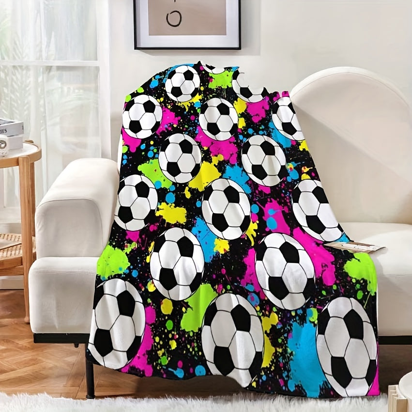 Contemporary Style Reversible Flannel Fleece Blanket with Soccer Ball Digital Print - Perfect for All Seasons, Bed and Sofa Use - Made of Durable Machine Washable Polyester - Ideal for Multi-Purpose Use