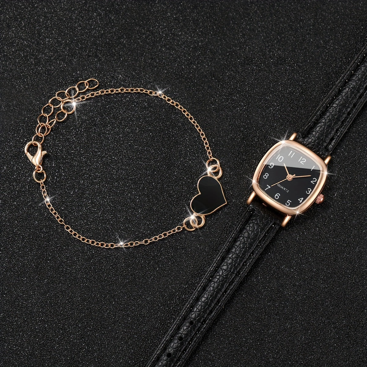 Women's fashion watch set with square dial, PU leather band, alloy case, and heart charm bracelet.