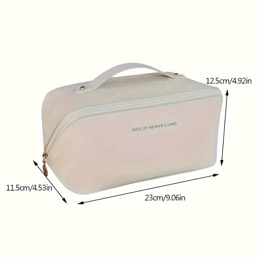 Large travel makeup bag with waterproof, portable design and divider for organizing makeup.