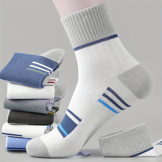 5 pairs of men's comfy, breathable crew socks with stripes, perfect for winter and autumn.