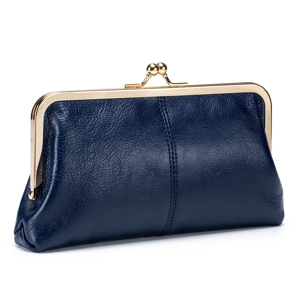 Vintage Genuine Leather Long Clutch Wallet for Women with Multifunctional Features, Retro Style Accessory with Goldtone Hardware