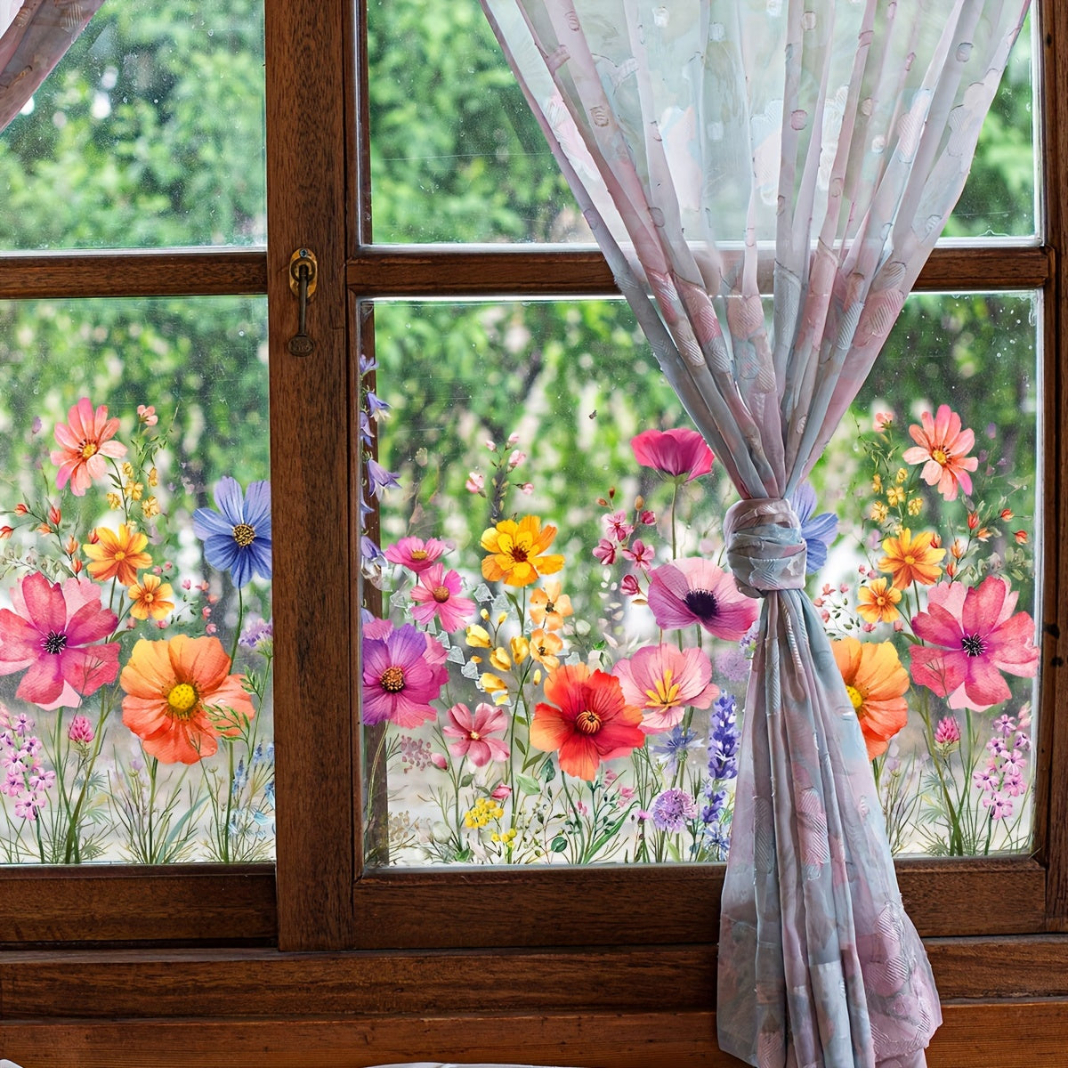 Double-sided static window decoration with colorful plant and flower design