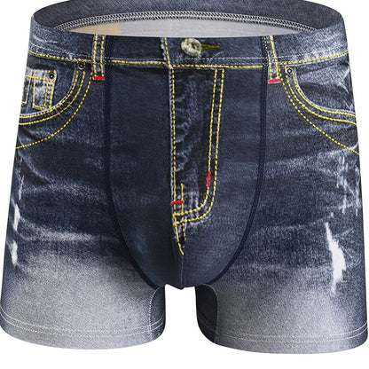 Men's fashion cotton 3D denim boxer briefs with belt print, breathable and stylish underwear.