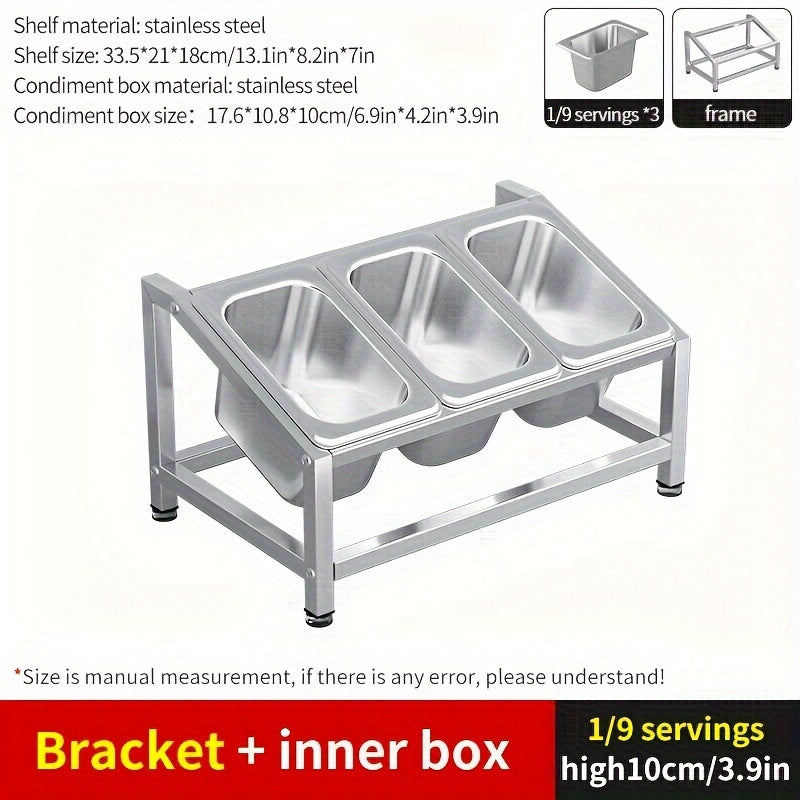 1/9-Compartment Spice Organizer crafted from durable stainless steel - Perfect for organizing spices and seasonings on your countertop. Includes condiment containers for easy storage. Ideal for use in both kitchens and restaurants.