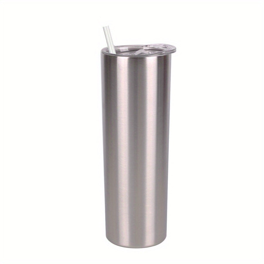 20oz skinny tumbler with stainless steel double wall and vacuum insulation, includes lid and straw.