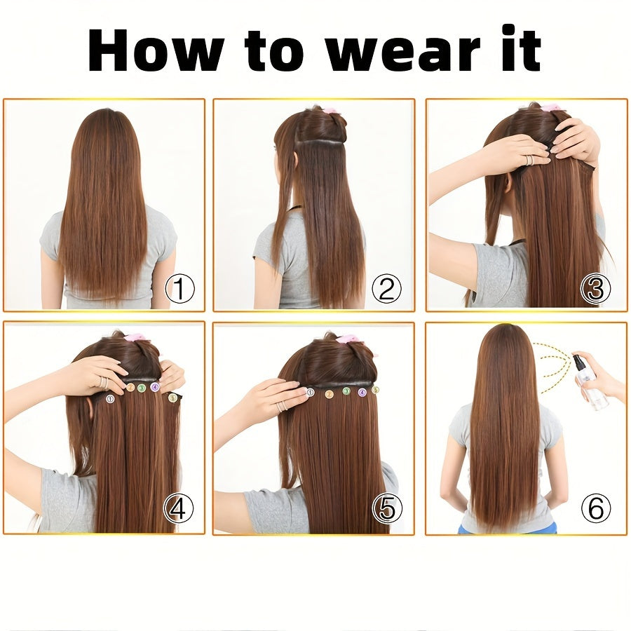 Synthetic Super Long 5 Clip In Hair Extension in Black/Brown/Blonde, extra-long straight hair, one-piece fake hairpiece for women. Available in lengths from 50cm to 100cm, ideal for daily