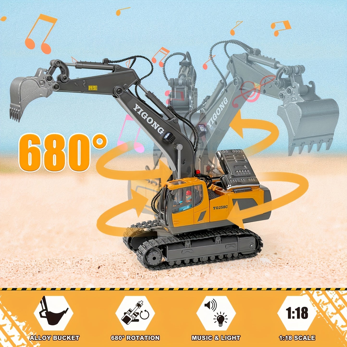 11-channel yellow remote control excavator toy for children aged 6-12. Durable metal construction with sand play capability. Includes rechargeable battery. Perfect outdoor engineering