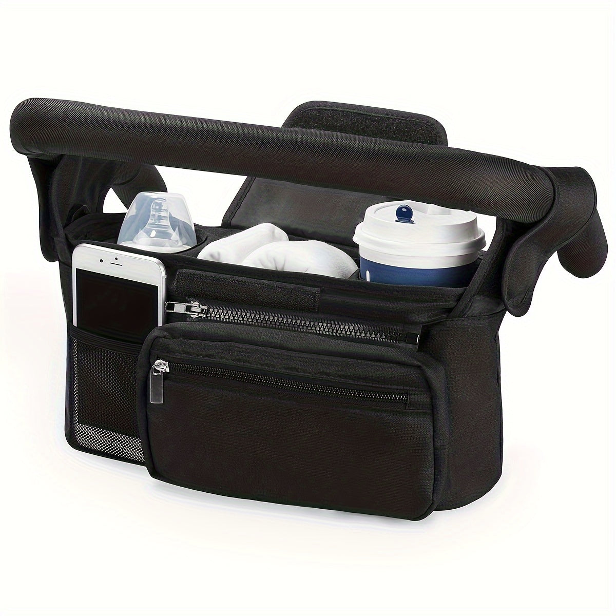 Black Stroller Organizer with Big Capacity - Versatile Storage Bag with Convenient Diaper and Bottle Pockets