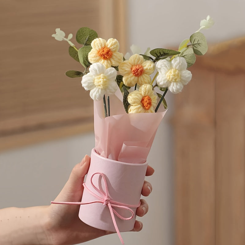 Handmade woven yarn artificial flower bouquet set includes fabric and woven flowers, plastic bucket, wrapping paper, and 5 crochet flowers. Ideal for gifts for mom, friends, or special occasions like Mother's Day, Valentine's Day, birthdays, or home