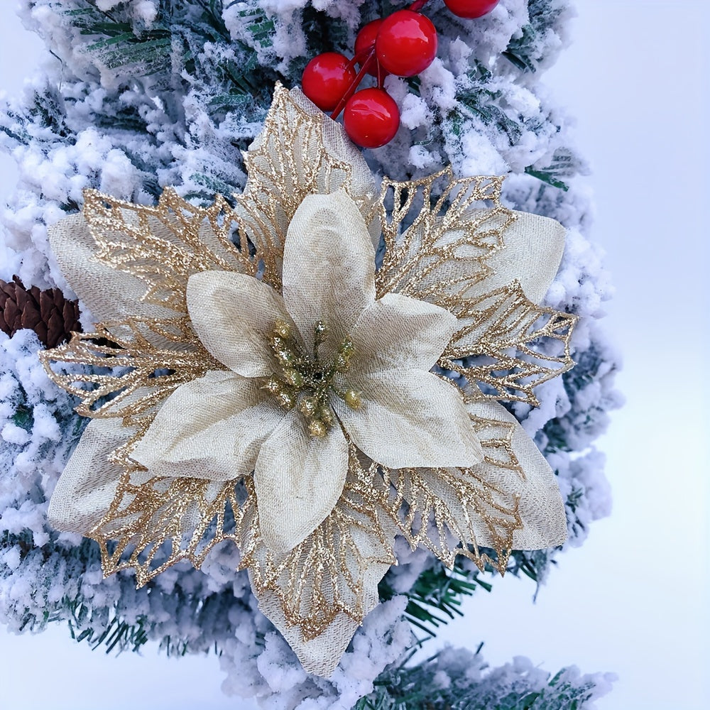 10pcs 15cm Christmas garland vine with three-layer multi-color hollow flowers, accented with gold powder.