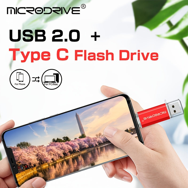 MICRODRIVE 2.0 USB-C Flash Drive - High-Speed OTG Memory Stick, Frosted Metal Texture, 128GB/64GB/32GB/16GB, Laptop & Smartphone Compatible, Red/Black, Cute Design