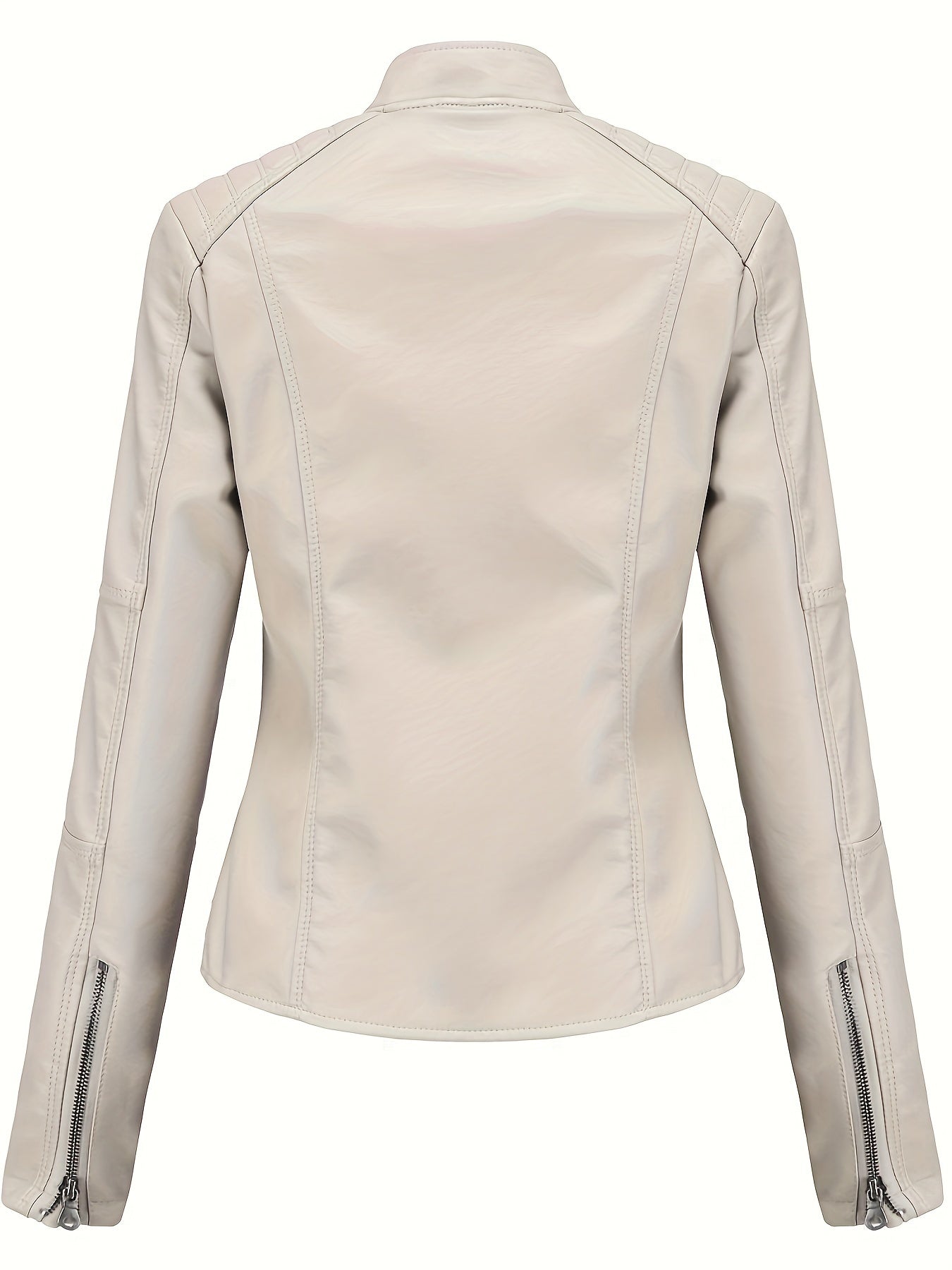 Beige biker style jacket for women, ideal for spring/fall with zipper details, stand collar, and slant pockets. Functional and sleek for casual outerwear.