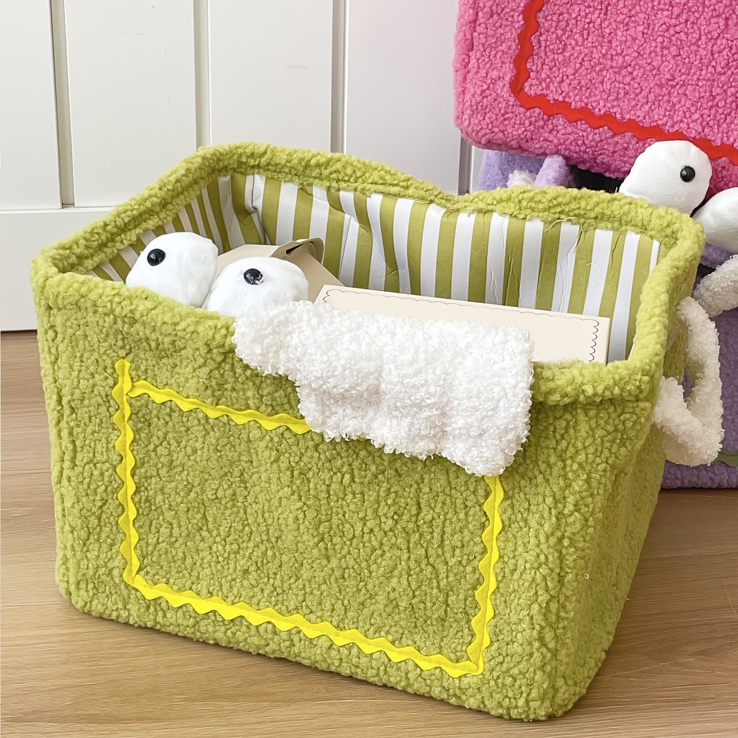 Soft and durable storage basket with handles. Ideal for snacks, clothes, toys, phones, headphones, and more. Makes a perfect Christmas gift for home organization.