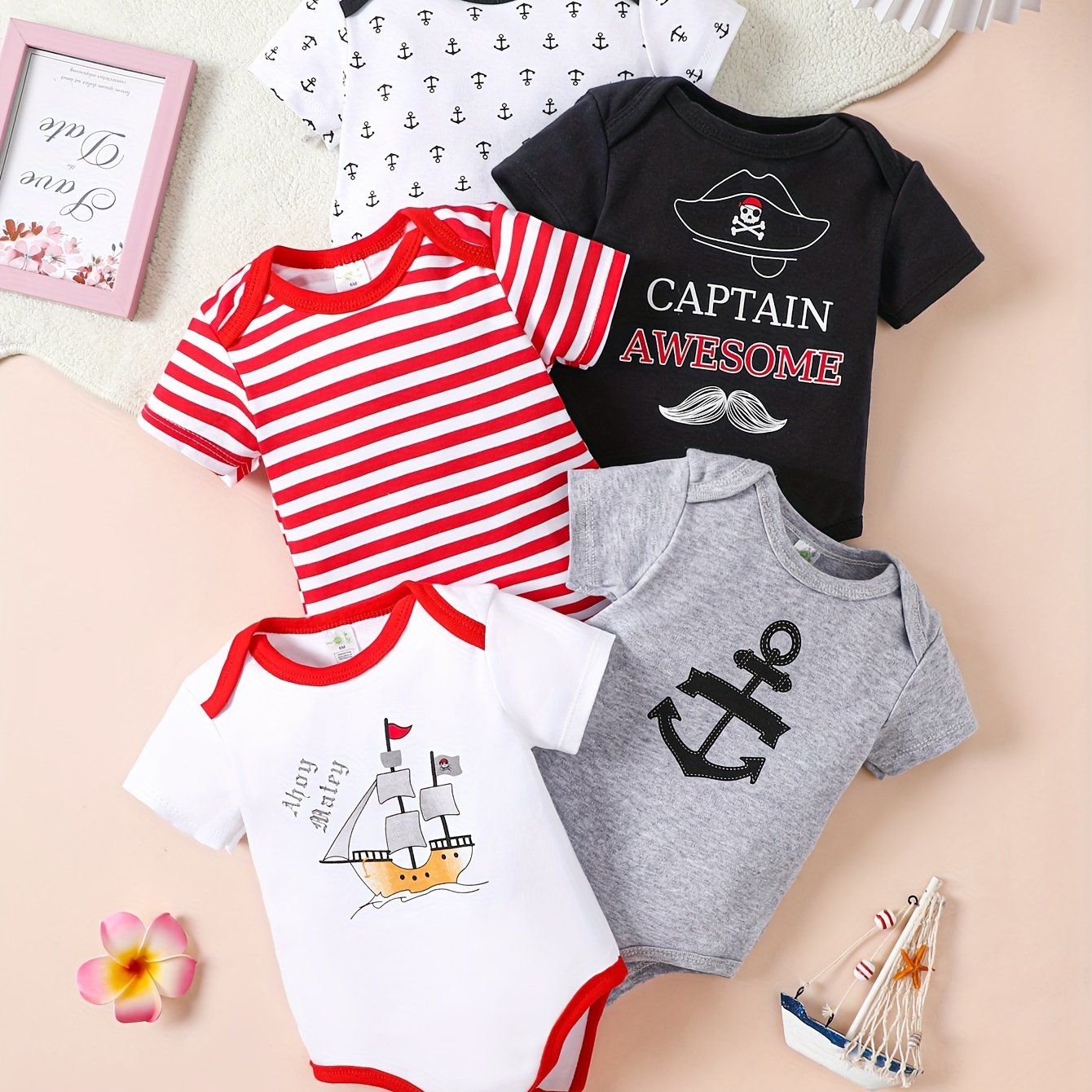 5pcs Baby's Marine Style Cotton Bodysuit, Casual Short Sleeve Romper for Toddler & Infant Boys